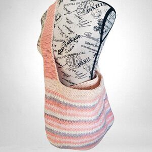 Crocheted Cotton Acrylic Multi color Coral Striped Tote Bag, Beach Bag